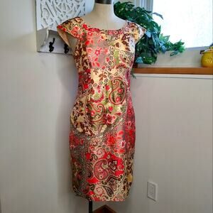Liz Claiborne Satin Paisley Print Sheath Dress in Coral/Pastel Yellow Size 6